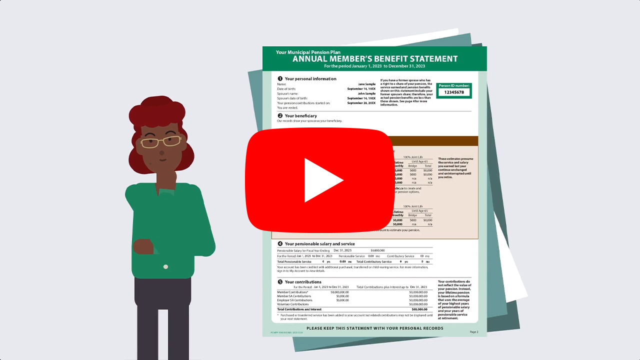 Play button over caricature of female thinking and Member's Benefit Statement